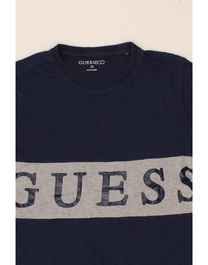 GUESS Boys Graphic Top Long Sleeve 11-12 Years Navy Blue Colourblock Vintage Guess and Second-Hand Guess from Messina Hembry 