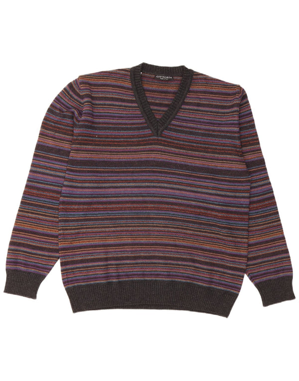 Maglione da uomo con scollo a V VINTAGE IT 52 Lana a righe grandi multicolori