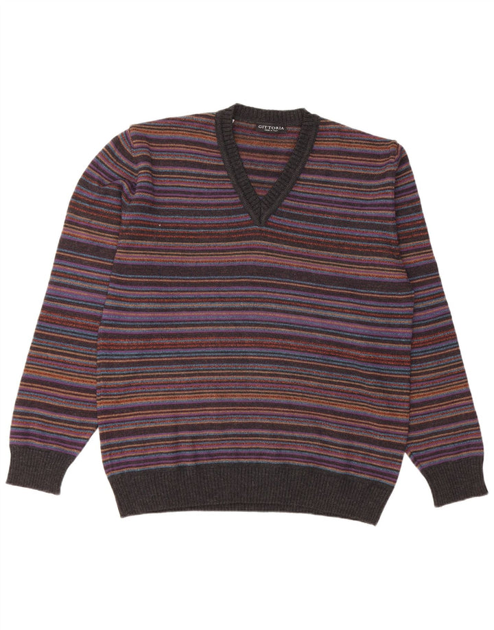 Maglione da uomo con scollo a V VINTAGE IT 52 Lana a righe grandi multicolori