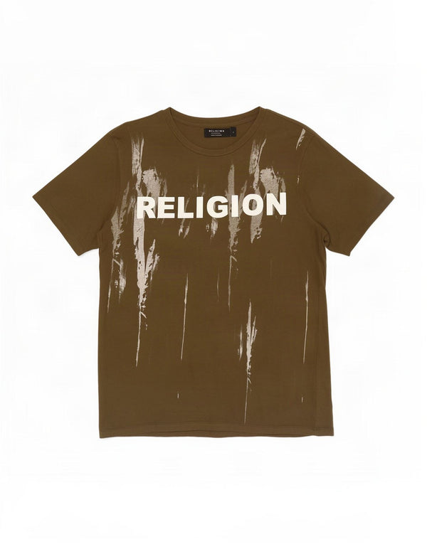 T-shirt grafica da uomo Religion Top piccola in cotone kaki