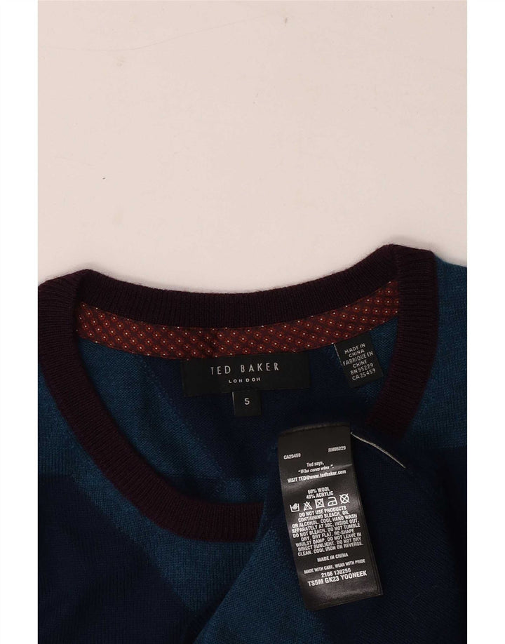 Maglione maglione girocollo da uomo Ted Baker taglia 5 XL lana geometrica blu