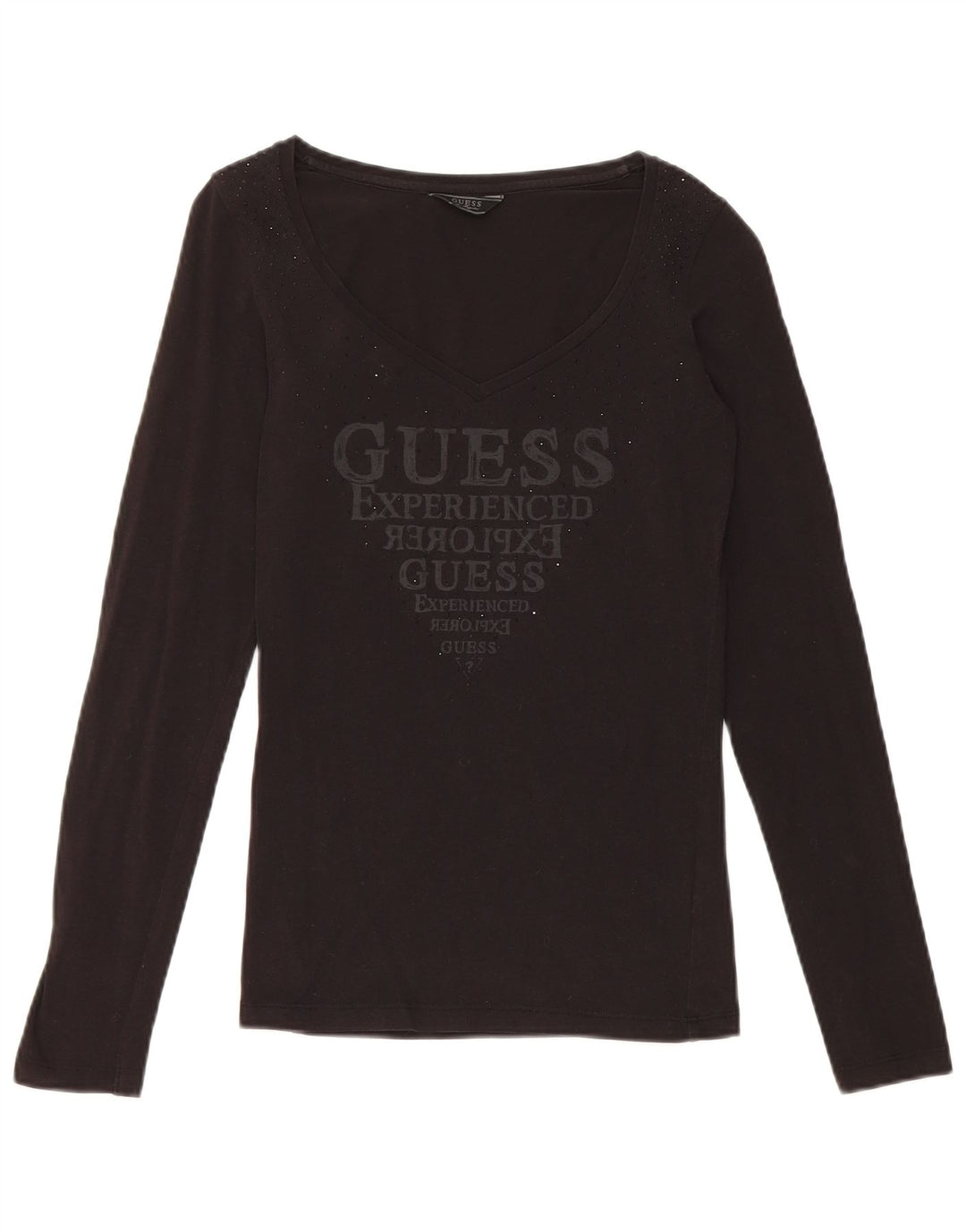 Guess Top grafico da donna a maniche lunghe UK 8 piccolo in cotone nero
