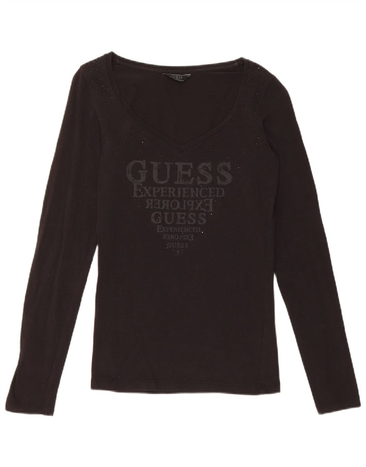 Guess Top grafico da donna a maniche lunghe UK 8 piccolo in cotone nero