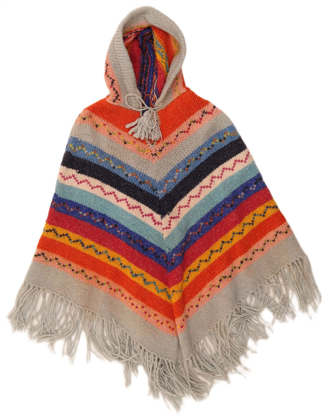Maglione poncho con cappuccio da donna vintage, taglia unica, multicolore geometrico