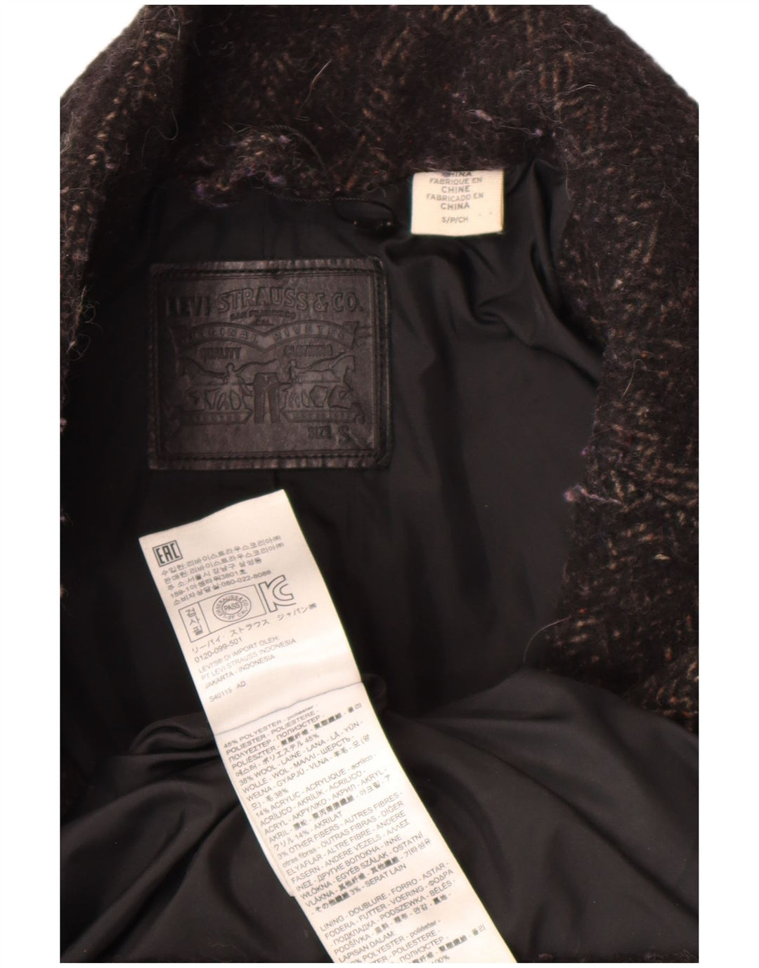 Cappotto oversize da donna Levi's UK 10 piccolo poliestere nero a spina di pesce