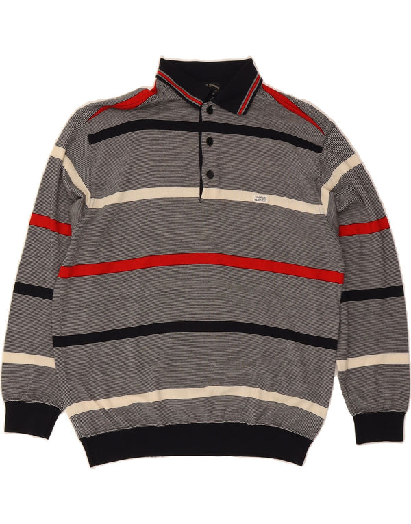 AMERIGO VESPUCCI Mens Polo Neck Jumper Sweater Large Grey Striped Wool