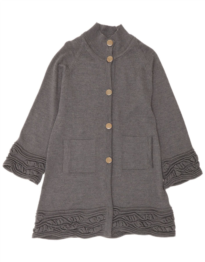 Maglione cardigan lungo da donna UK 14 Lana vergine grigio medio