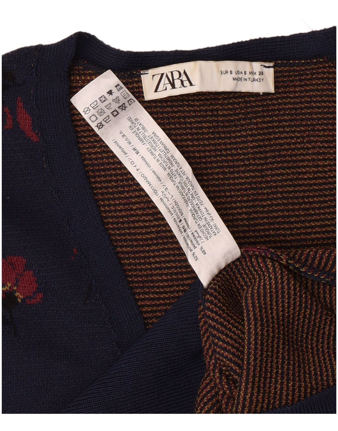 Maglione cardigan corto da donna ZARA UK 10 piccolo poliammide floreale blu navy