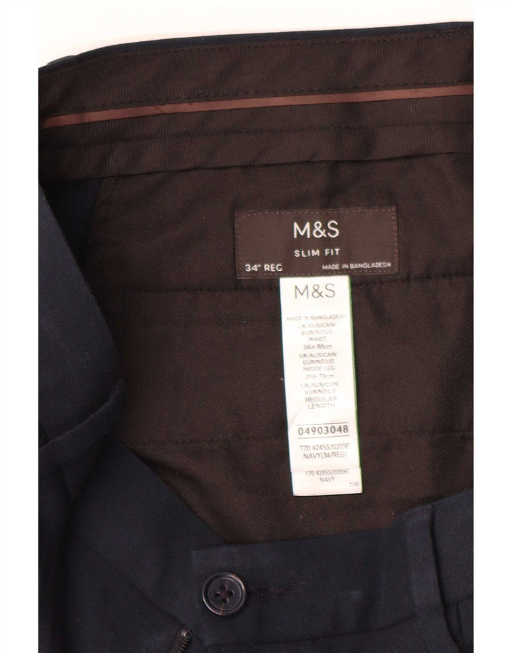 Pantaloni da abito slim fit da uomo Marks & Spencer W34 L31 poliestere blu navy