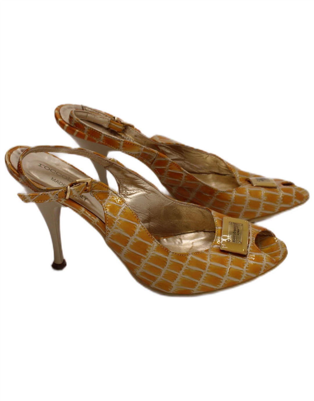 Roccobarocco Scarpe con tacco da donna Slingback Taglia UK 5 Designer con stampa animalier gialla