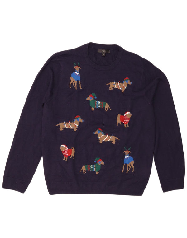 Maglione maglione girocollo da uomo Marks & Spencer grande blu navy Fair Isle