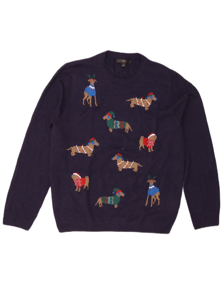 Maglione maglione girocollo da uomo Marks & Spencer grande blu navy Fair Isle