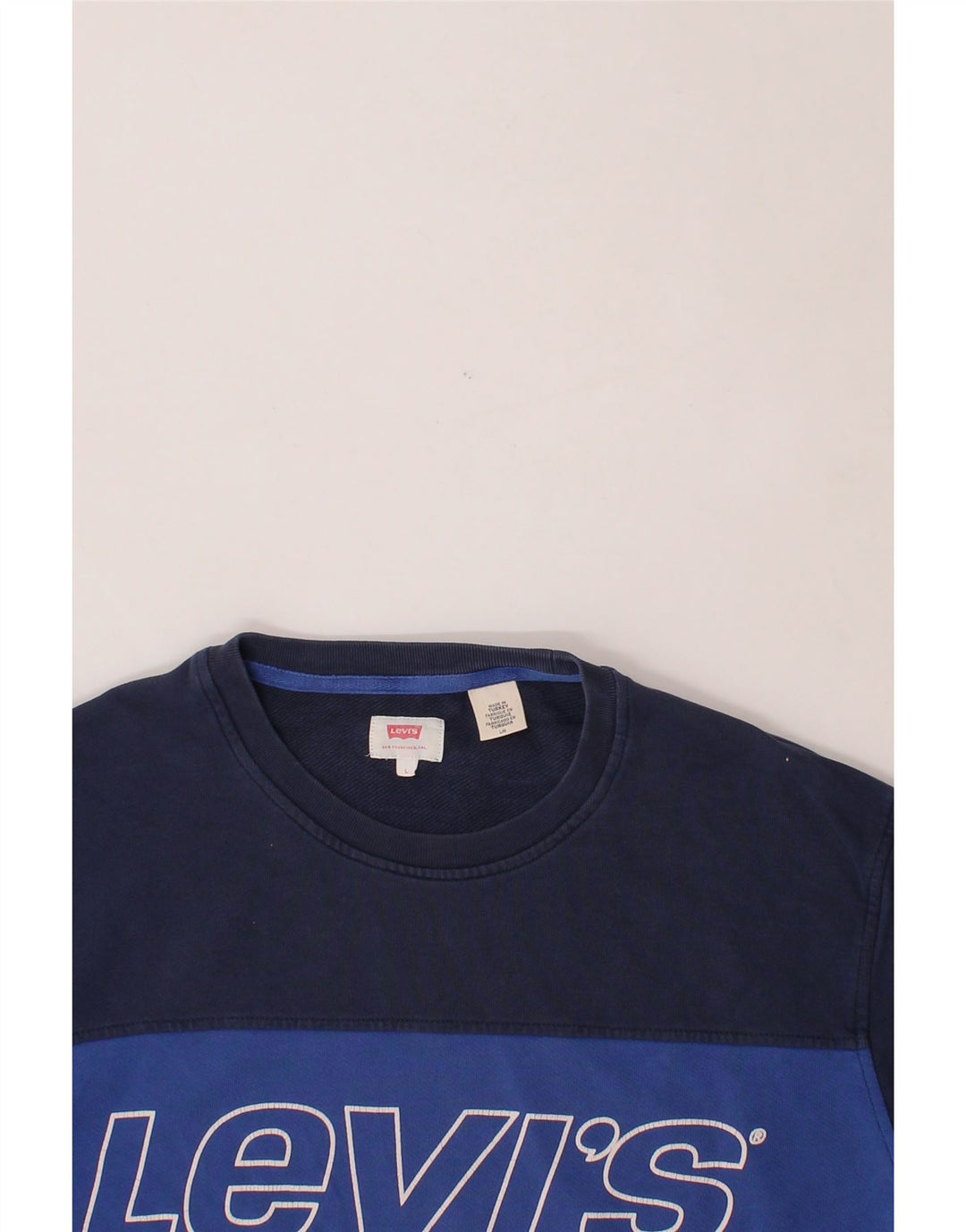 LEVI'S Mens Graphic Sweatshirt Jumper Large Navy Blue Colourblock Vintage Levi's and Second-Hand Levi's from Messina Hembry 