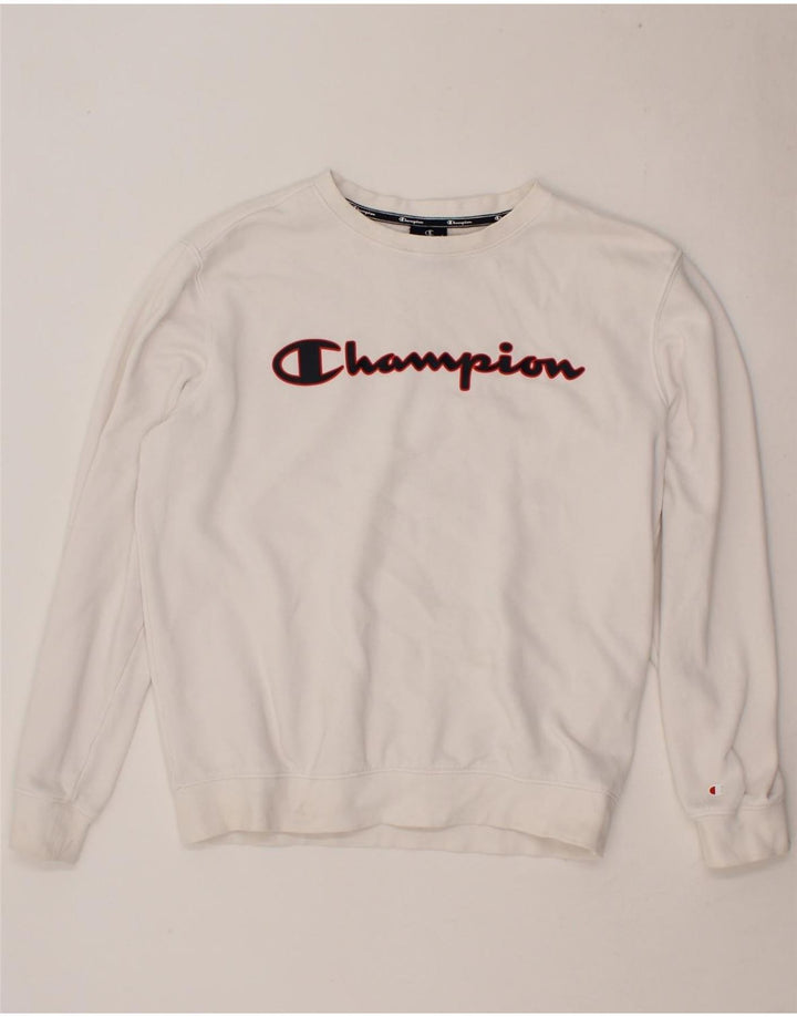 CHAMPION Mens Graphic Sweatshirt Jumper Medium White Cotton Vintage Champion and Second-Hand Champion from Messina Hembry 