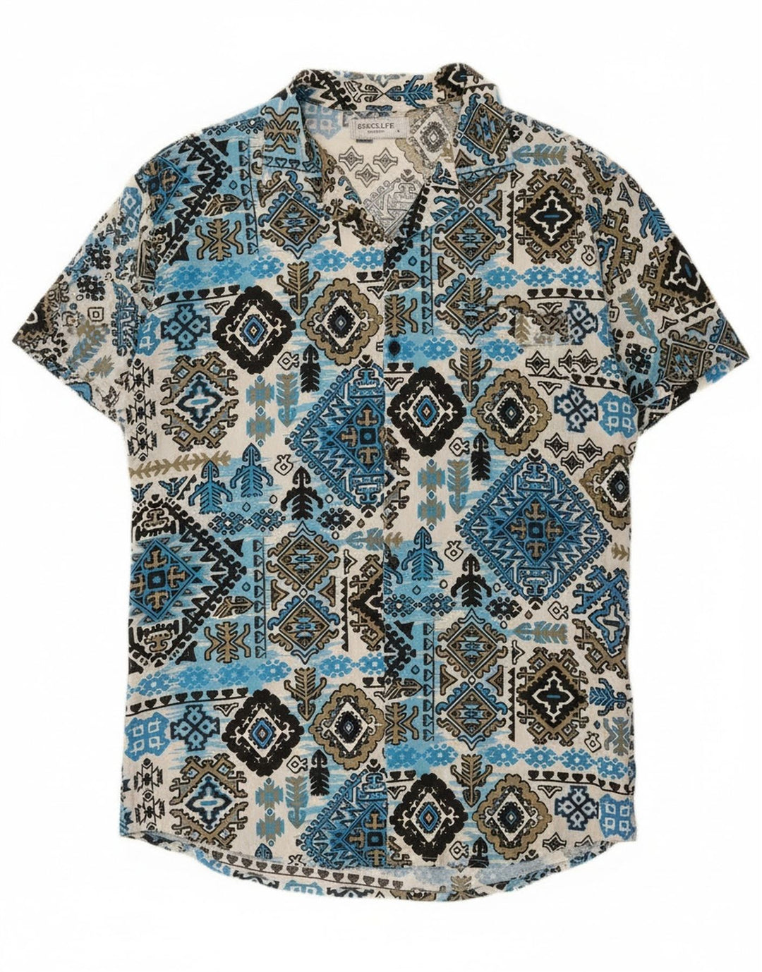 Camicia vintage da uomo a maniche corte grande blu Ikat Rayon