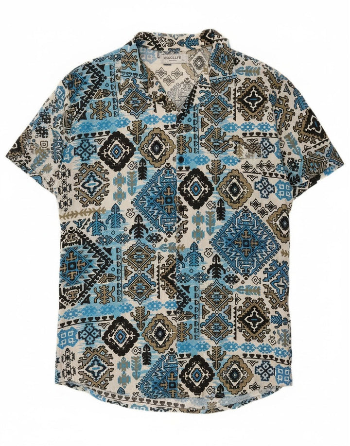 Camicia vintage da uomo a maniche corte grande blu Ikat Rayon
