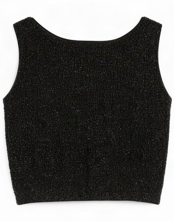 Top corto vintage da donna senza maniche trasparente UK 12 Lana d'agnello nera media