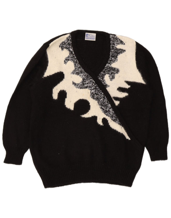 Maglione vintage da donna con scollo a V IT 50 XL Acrilico color block nero