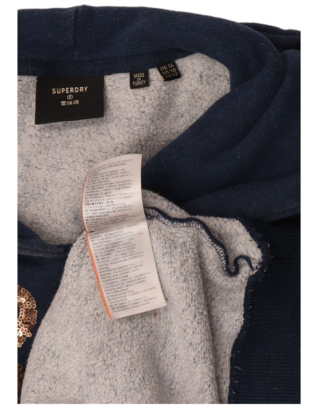 Felpa con cappuccio grafica da donna Superdry UK 14 cotone blu navy medio