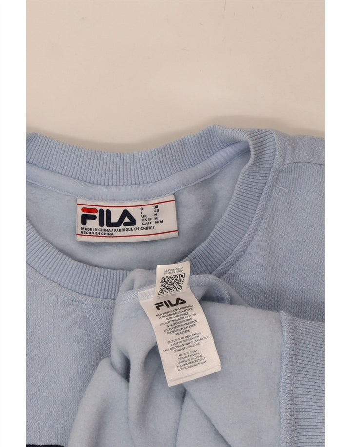 FILA Womens Graphic Sweatshirt Jumper UK 14 Medium Blue Striped Cotton Vintage Fila and Second-Hand Fila from Messina Hembry 