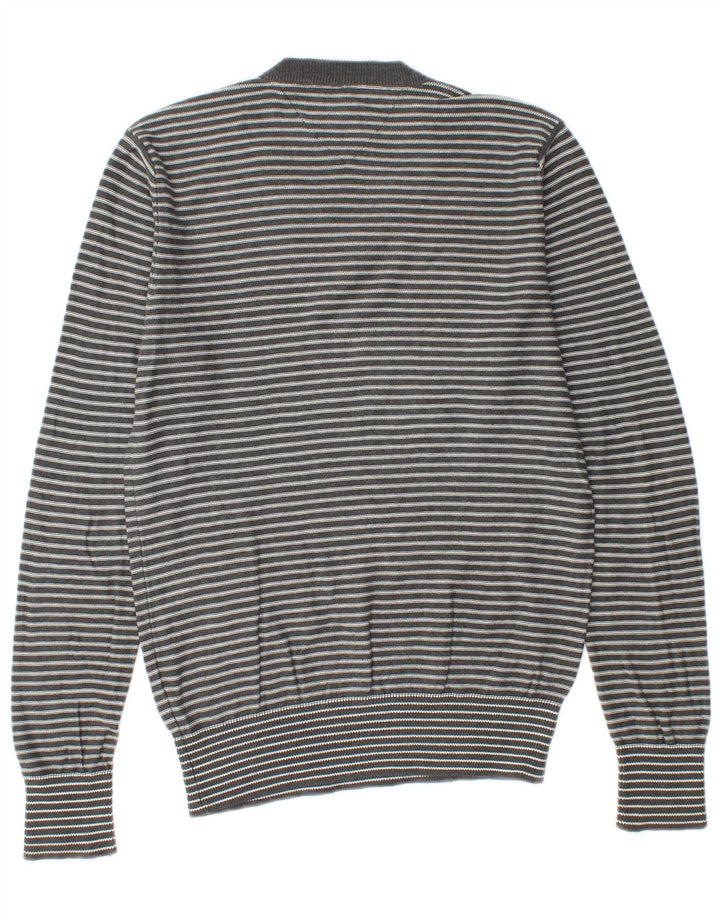 TOMMY HILFIGER Mens V-Neck Jumper Sweater Medium Grey Striped Cotton