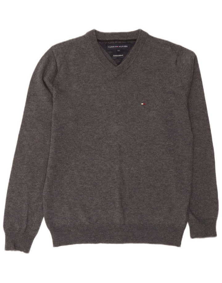 Maglione da uomo con scollo a V Tommy Hilfiger piccolo in lana d'agnello grigia