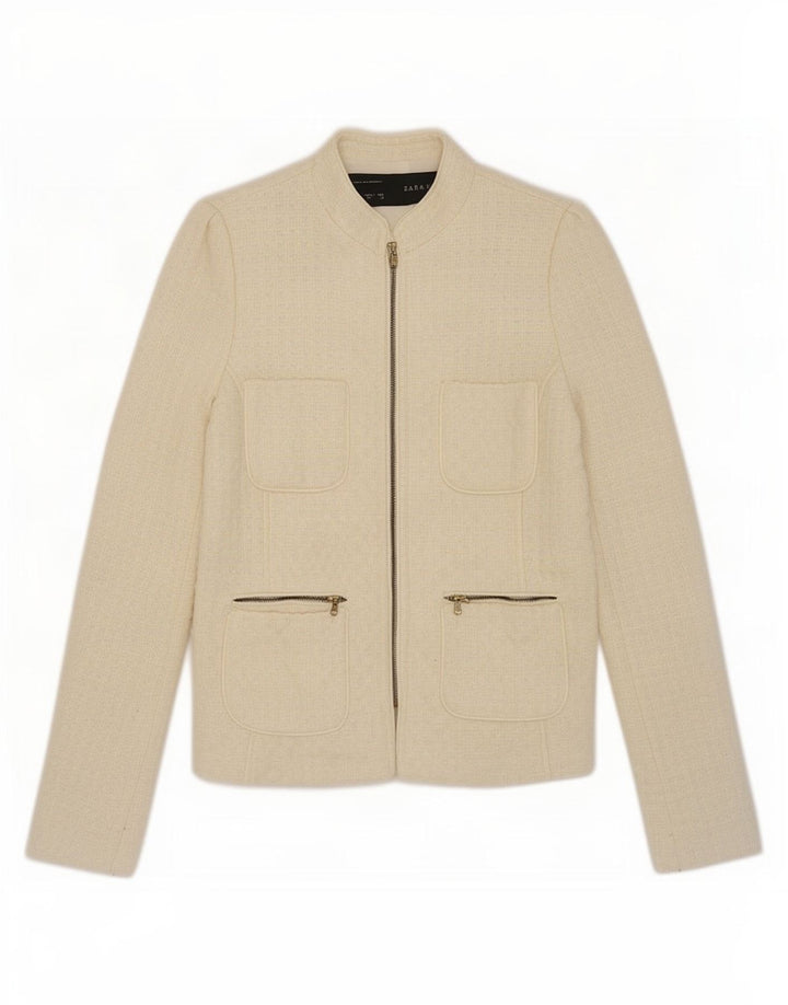 Giacca blazer da donna con zip intera Zara UK 12 media acrilico bianco sporco