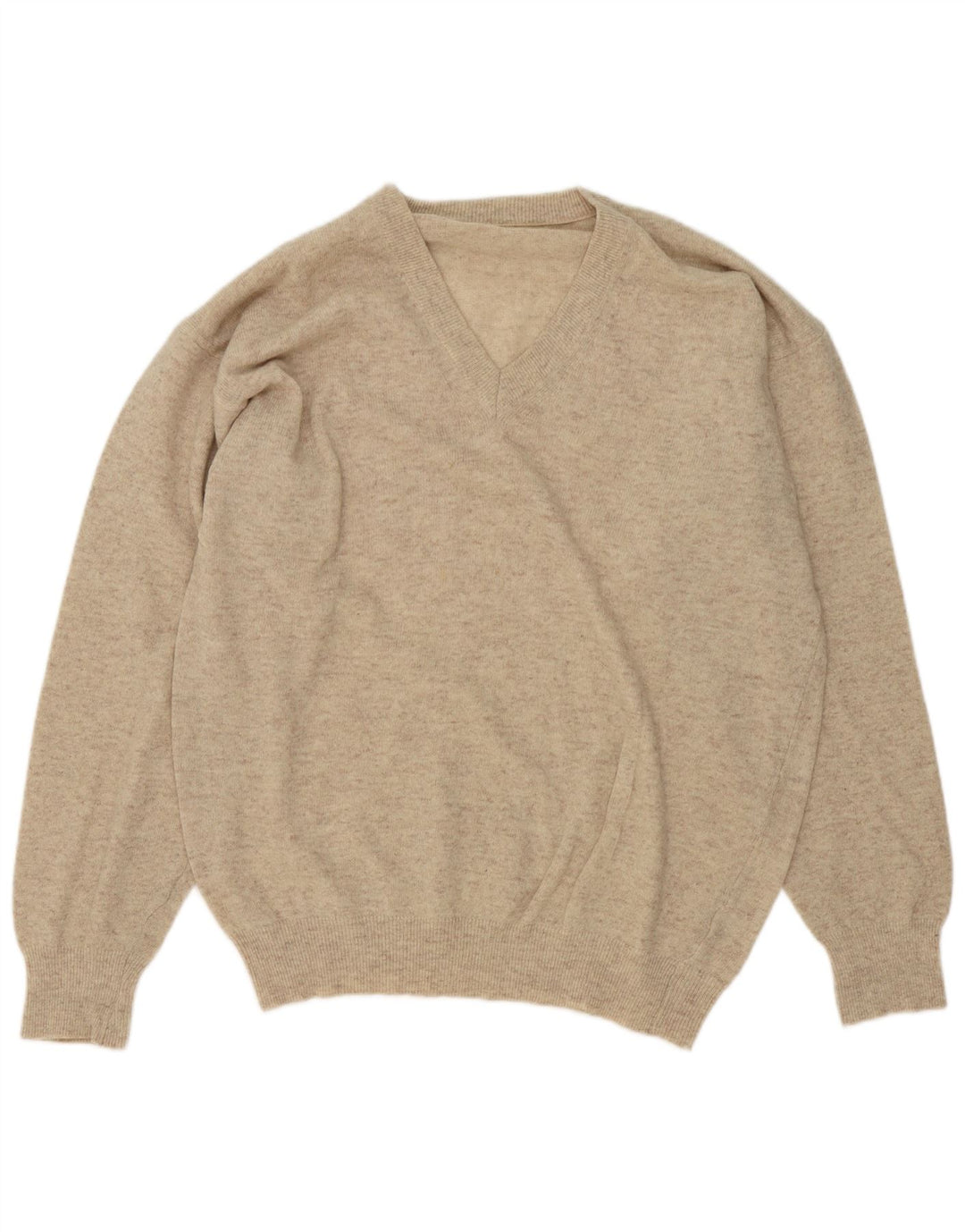 Maglione vintage da uomo con scollo a V, grande lana screziata beige