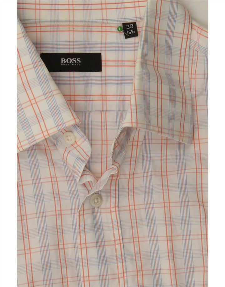 Camicia a maniche corte da uomo Hugo Boss taglia 39 15 1/2 cotone medio a quadri bianco