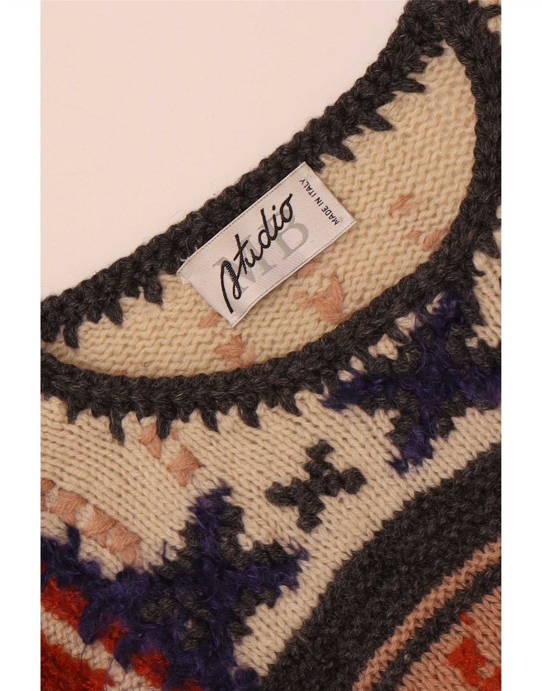Maglione maglione girocollo da donna Studio MB UK 14 grande retrò multicolore