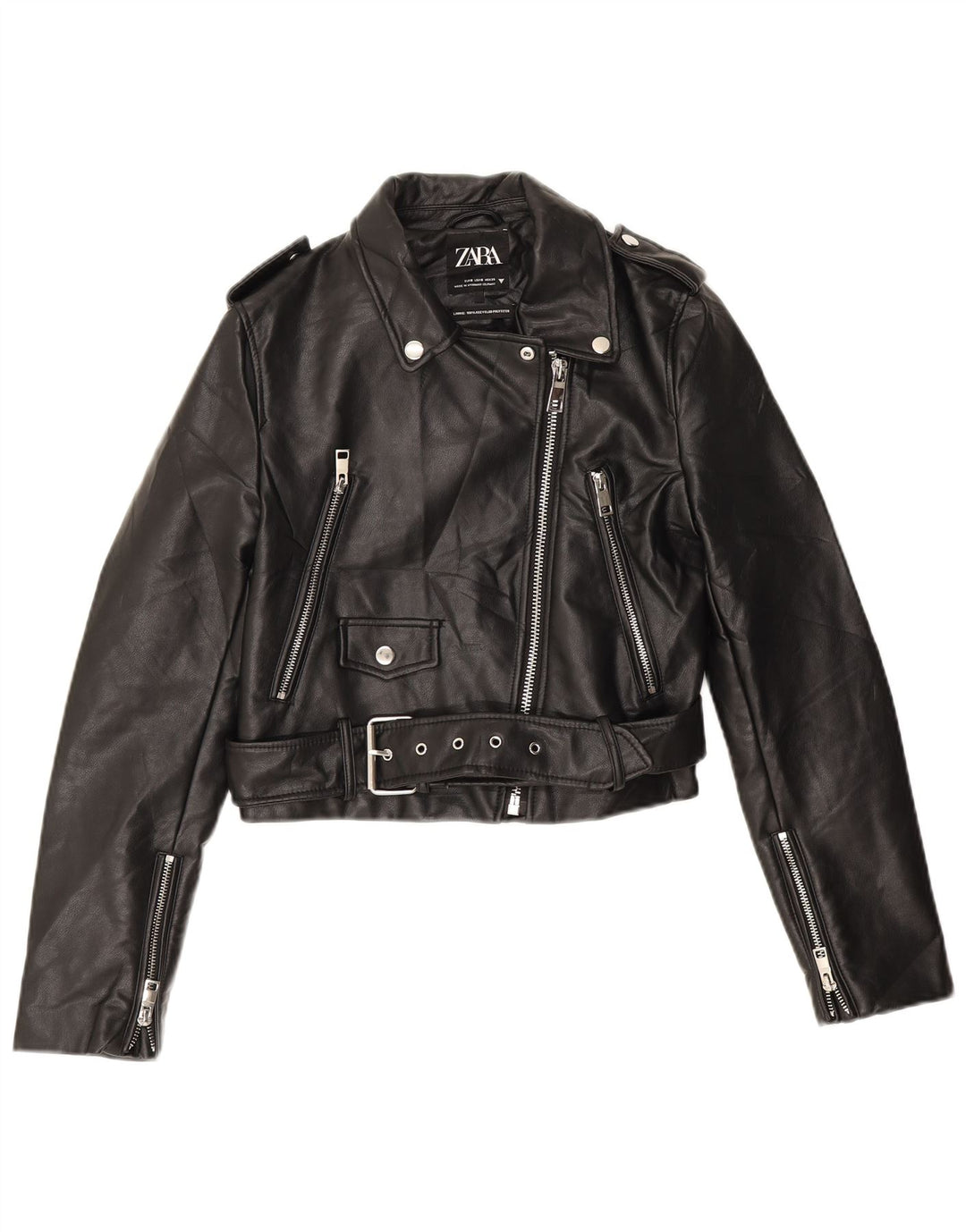 Giacca da motociclista in ecopelle corta da donna Zara UK 10 piccola in poliuretano nero