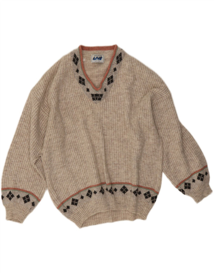Maglione vintage da uomo con scollo a V beige medio geometrico
