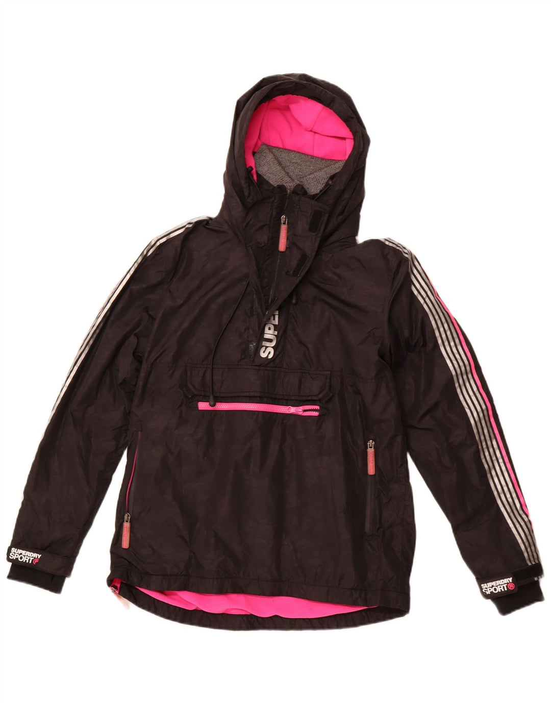 Giacca anorak con cappuccio grafica da donna SUPERDRY UK 8 piccola in nylon nero