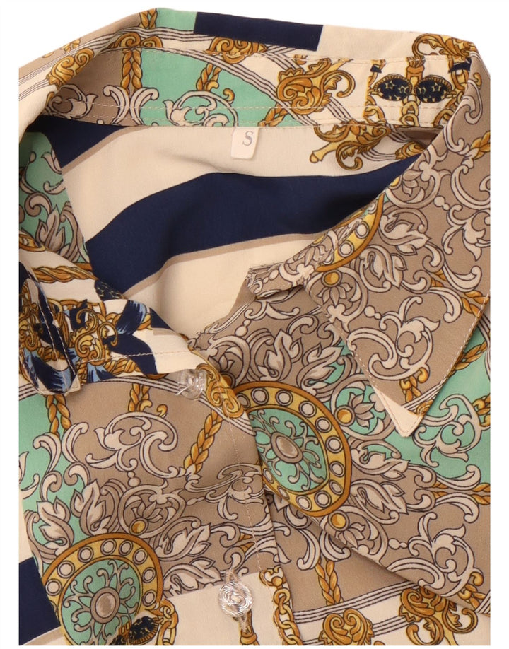 Camicetta camicia oversize da donna vintage con motivo astratto UK 10 piccola Beige