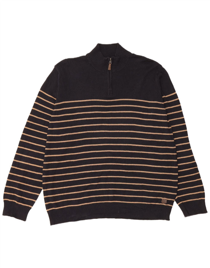 BLUE HARBOUR Mens Zip Neck Jumper Sweater 2XL Black Striped Cotton