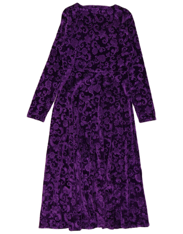 Abito lungo da donna vintage in velluto UK 14 Grande poliestere floreale viola