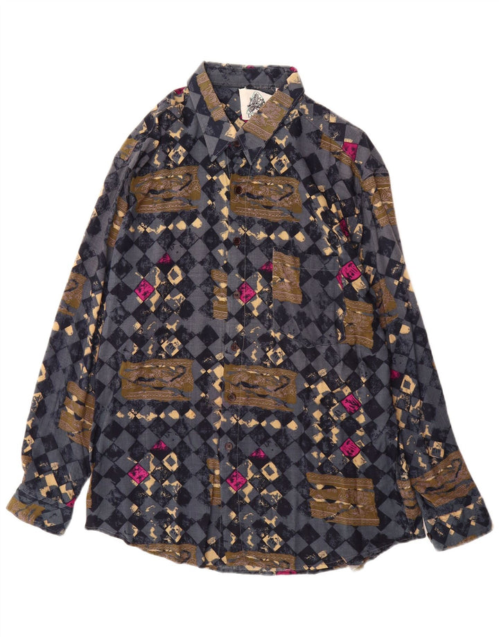 VINTAGE Mens Shirt Large Navy Blue Geometric Viscose