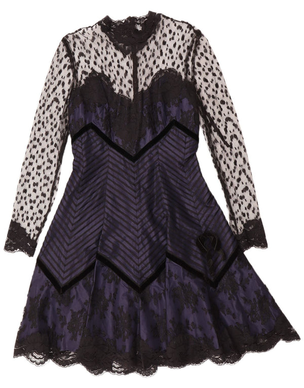 Abito a trapezio a maniche lunghe da donna vintage UK 10 Piccolo gotico floreale blu navy