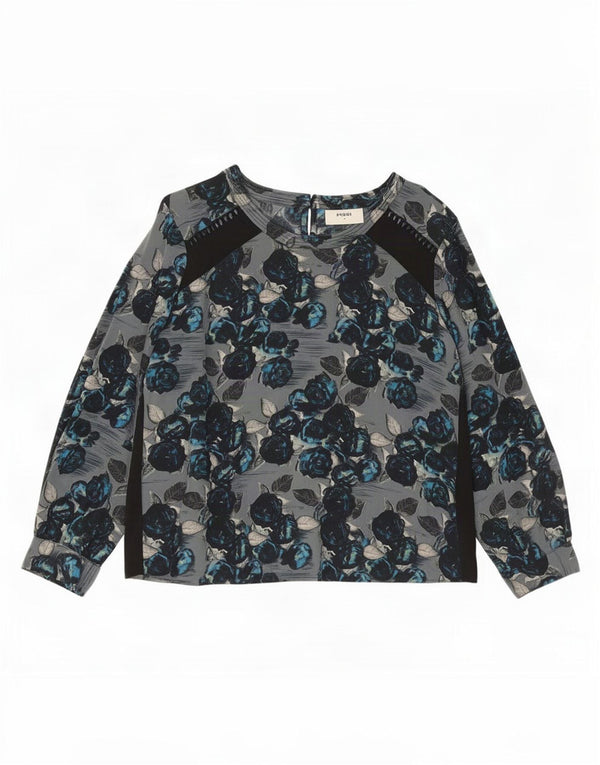 Vintage Womens Top Long Sleeve UK 14 Large Navy Blue Floral Silk