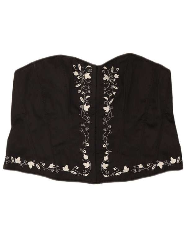 Top corsetto corto da donna VINTAGE UK 16 grande poliestere floreale nero