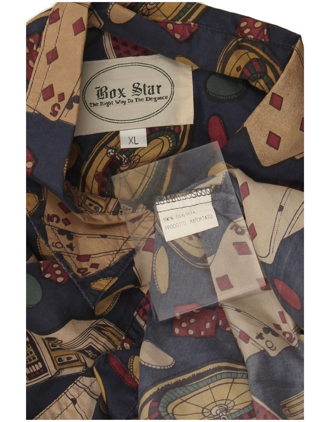 Camicia grafica da uomo vintage XL in seta blu navy