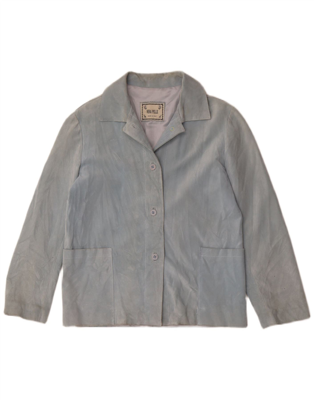 Giacca blazer vintage in pelle scamosciata a 4 bottoni da donna UK 14 in pelle blu medio