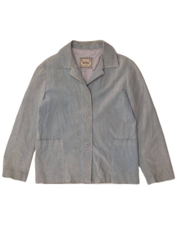 Giacca blazer vintage in pelle scamosciata a 4 bottoni da donna UK 14 in pelle blu medio