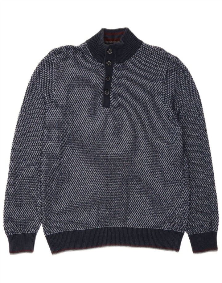 Maglione da uomo con collo a bottoni Blue Harbour, grande cotone maculato blu