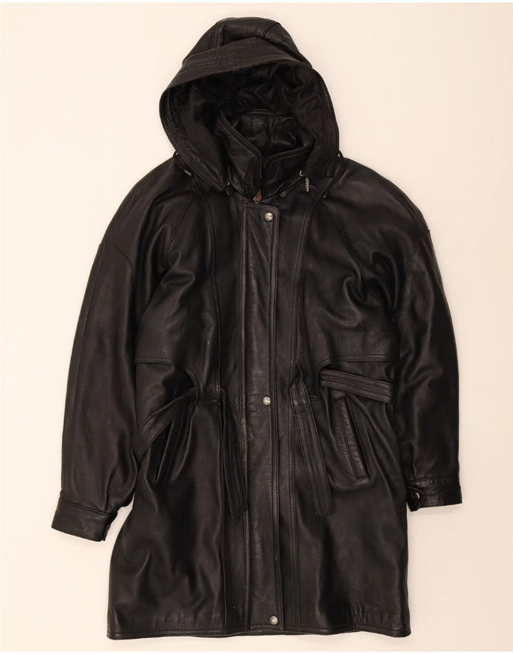 VINTAGE Womens Hooded Leather Coat US 4 Small Black Leather Vintage Vintage and Second-Hand Vintage from Messina Hembry 