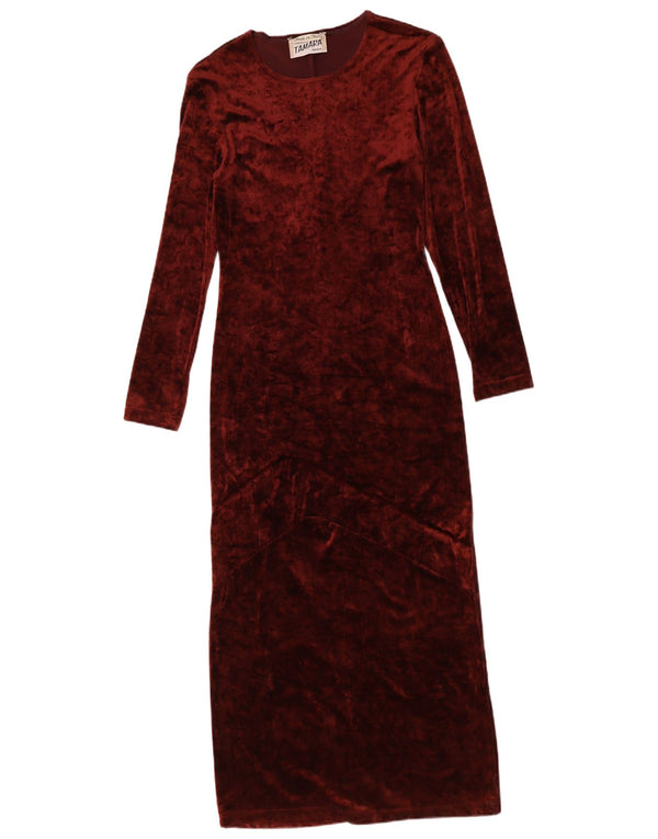 Abito lungo in velluto a maniche lunghe da donna vintage UK 10 piccolo in poliammide bordeaux
