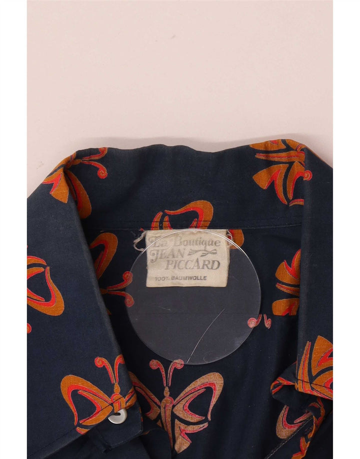 Camicia vintage da uomo con motivo astratto, grande farfalla in cotone blu navy