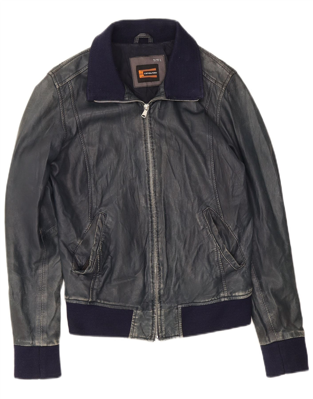 Giacca in pelle bomber da donna censurata UK 14 Grande pelle blu navy