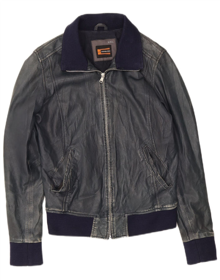 Giacca in pelle bomber da donna censurata UK 14 Grande pelle blu navy