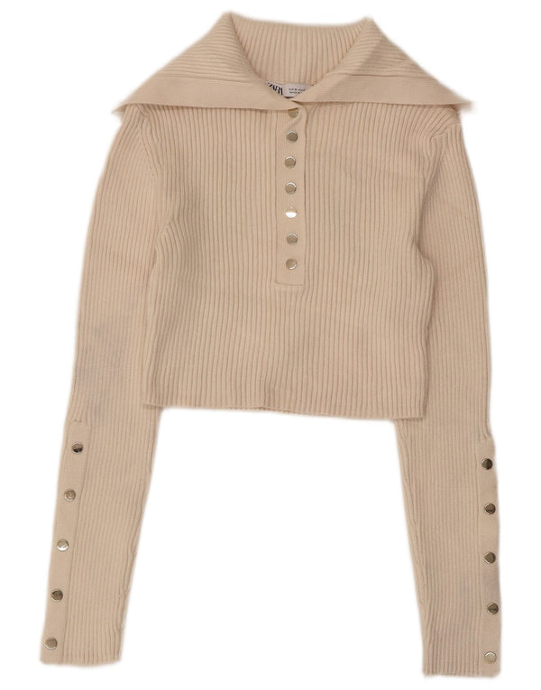 ZARA Maglione Corto da Donna con Collo a Polo da Donna UK 12 Viscosa Beige Medio